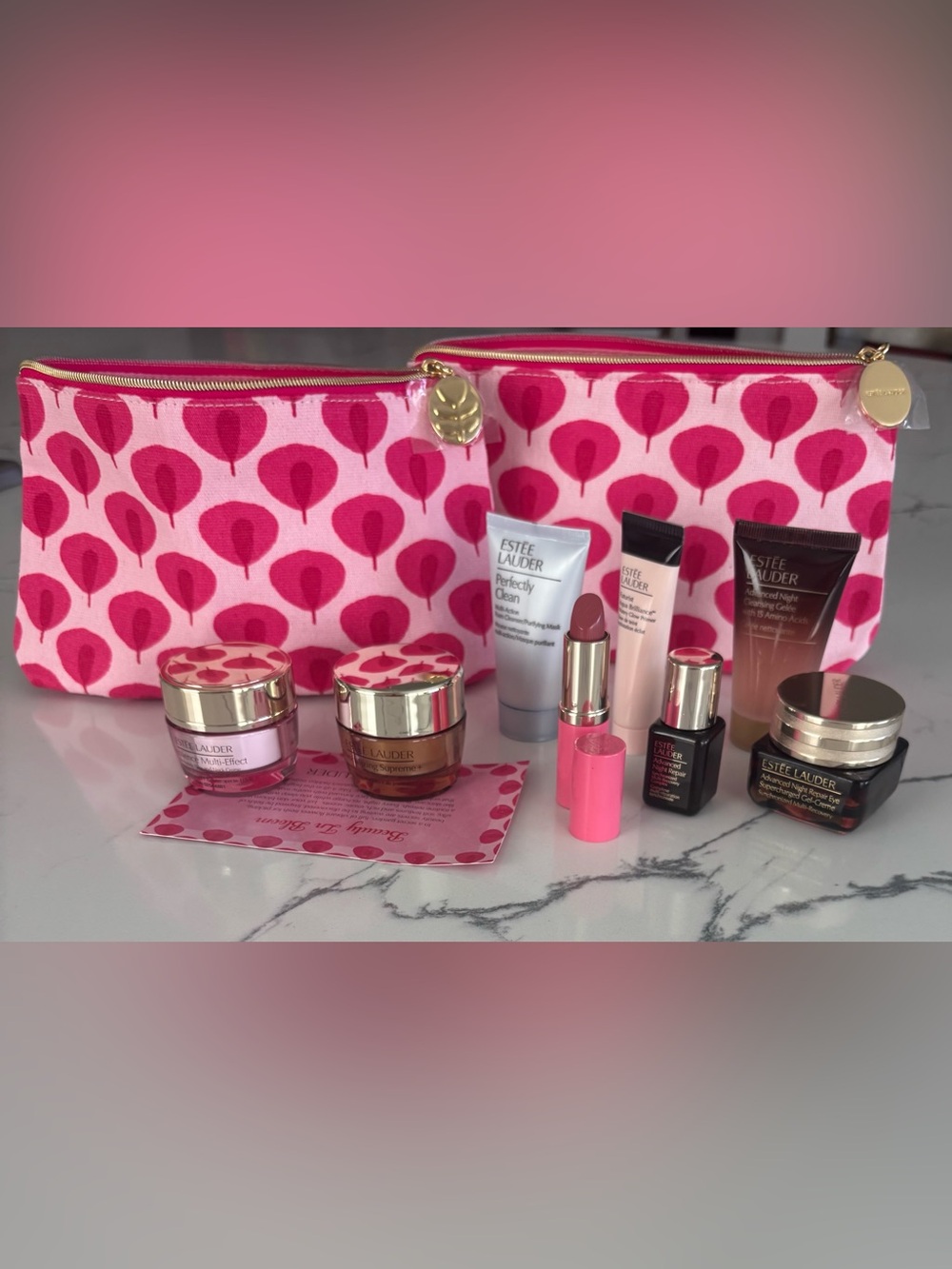 Estee Lauder Pink Patterned Cosmetic Bags with Skincare & Lipstick Set